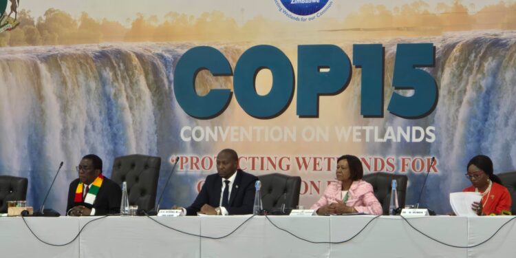 Prime Minister Russell Mmiso Dlamini pictured with Zimbabwean President Emmerson Mnangagwa, Malawi’s Deputy President Saulos Chilima, and other delegates during the Ramsar COP15 High-Level Segment at Victoria Falls.