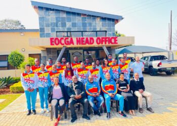 Team Eswatini athletes and officials pose for a group photo at the EOCGA offices before departing for international competitions.
