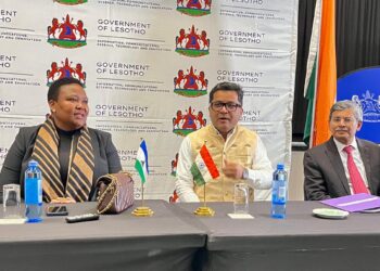 Lesotho’s Minister of Information, Nthati Moorosi, and India’s Minister of State for External Affairs, Pabitra Margherita, exchange signed documents during the MoU ceremony on digital public infrastructure held in Maseru on 21 July 2025.