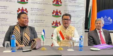 Lesotho’s Minister of Information, Nthati Moorosi, and India’s Minister of State for External Affairs, Pabitra Margherita, exchange signed documents during the MoU ceremony on digital public infrastructure held in Maseru on 21 July 2025.