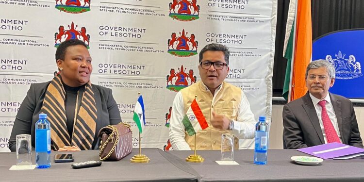 Lesotho’s Minister of Information, Nthati Moorosi, and India’s Minister of State for External Affairs, Pabitra Margherita, exchange signed documents during the MoU ceremony on digital public infrastructure held in Maseru on 21 July 2025.