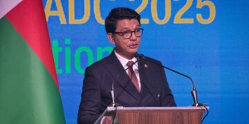 Madagascar President Andry Rajoelina delivers his remarks during the official launch of SADC Industrialisation Week in Antananarivo.