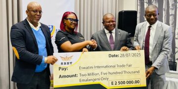 Ministers Manqoba Khumalo and Bongani Nzima at the launch of the 2025 8Bet Trade Fair Cup held at Hilton Garden Inn, Mbabane.