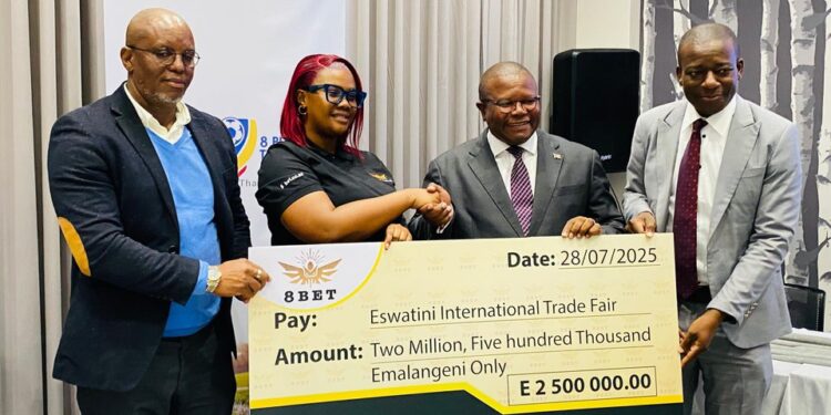 Ministers Manqoba Khumalo and Bongani Nzima at the launch of the 2025 8Bet Trade Fair Cup held at Hilton Garden Inn, Mbabane.