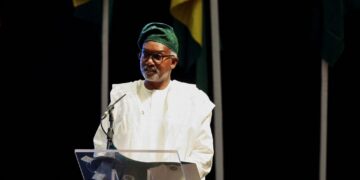 Nigeria's Minister of Foreign Affairs, Ambassador Yusuf Tuggar, delivers his speech at the Economic Community of West African States (ECOWAS) golden jubilee celebration of the regional bloc in Nigeria's commercial capital, Lagos, Nigeria, May 28, 2025. REUTERS/Sodiq Adelakun/File Photo