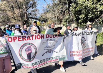 Operation Dudula members protest outside Seri offices in Braamfontein, Johannesburg.