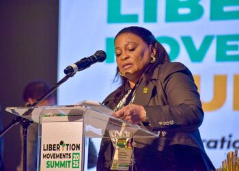 ANC first deputy secretary-general Nomvula Mokonyane addresses delegates at the Liberation Movement Summit in Ekurhuleni. Photo: X/@MYANC