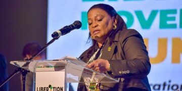 ANC first deputy secretary-general Nomvula Mokonyane addresses delegates at the Liberation Movement Summit in Ekurhuleni. Photo: X/@MYANC