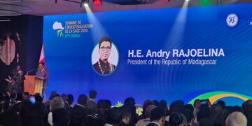 Madagascar President Andry Rajoelina delivers his remarks during the official launch of SADC Industrialisation Week in Antananarivo.