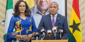 Ghana’s Foreign Minister Sam Okudzeto Ablakwa in talks with Nigeria’s Minister of State for Foreign Affairs Bianca Odumegwu-Ojukwu during a diplomatic visit to Accra.