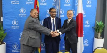 Minister of Economic Planning Dr. Tambo Gina, Japan’s Ambassador H.E. Shimizu Fumio, and WFP’s Ashraful Amin during the official signing ceremony of a JPY 200 million food aid agreement at the UN offices in Mbabane, aimed at supporting over 27,000 vulnerable children across Eswatini.