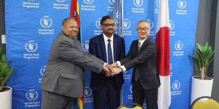 Minister of Economic Planning Dr. Tambo Gina, Japan’s Ambassador H.E. Shimizu Fumio, and WFP’s Ashraful Amin during the official signing ceremony of a JPY 200 million food aid agreement at the UN offices in Mbabane, aimed at supporting over 27,000 vulnerable children across Eswatini.