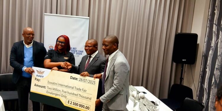 PLE Chairman Polycarp Dlamini , 8bet Director , Minister of Trade and commerce Manqoba Khumalo , Minister of Sport and Culture Mr Nzima during the 8bet Trade Fair Cup launch today at Hillton Hotel