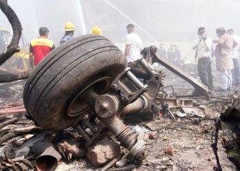 Aircraft landing gear is seen at the crash site of Air India Ltd. flight AI171 in Ahmedabad, Gujarat, India, on June 12. Siddharaj Solanki/Bloomberg/Getty Images