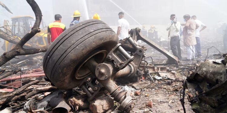 Aircraft landing gear is seen at the crash site of Air India Ltd. flight AI171 in Ahmedabad, Gujarat, India, on June 12. Siddharaj Solanki/Bloomberg/Getty Images