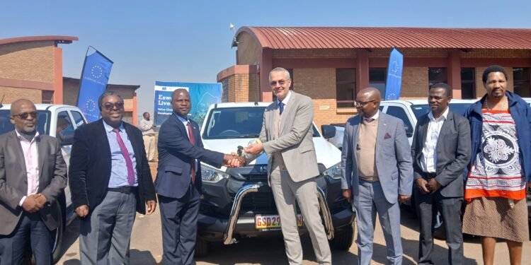 EU Ambassador to Eswatini Karsten Mecklenburg and the Minister of Agriculture Mandla Tshawuka shake hands at the hand-over. | Pics: Lindelwa Myeni
