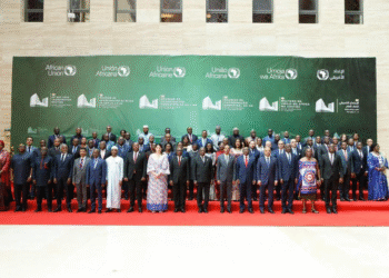 Delegates of the African Union Executive Council pose for a group photo during the 47th Extraordinary Session in Malabo, Equatorial Guinea, where a US$650,000 budget was approved for the Pan African Parliament’s upcoming session and operations.
