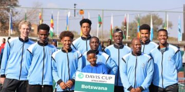 Botswana’s Davis Cup team celebrates their 3-0 win over Libya at the National Tennis Centre in Gaborone.