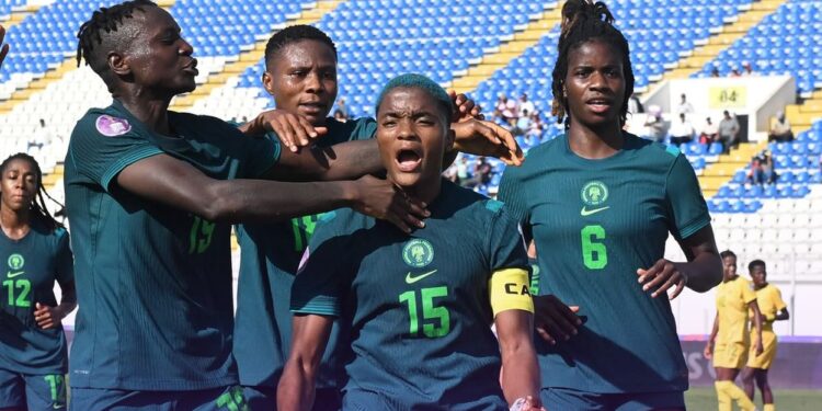 The Nigerian Super Falcons celebrate their dramatic injury-time winner against South Africa in the WAFCON semifinal in Casablanca on 22 July 2025.