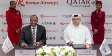 Kenya Airways CEO Allan Kilavuka and Qatar Airways Group CEO Engr. Badr Mohammed Al-Meer formalise the strategic partnership between the two carriers.