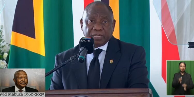 President Cyril Ramaphosa delivers the eulogy during the funeral service of former Deputy President David Mabuza in Mpumalanga.
