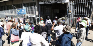 Members of Operation Dudula picket outside Hillbrow Community Health Centre in Johannesburg, protesting the provision of healthcare services to undocumented foreign nationals.