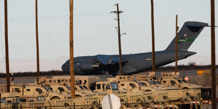 A US Boeing C-17 used for deportation flights is pictured at an airfield in Texas