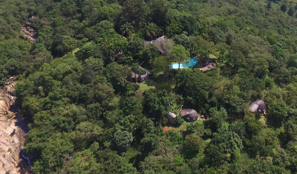 Aerial view of a lodge nestled near the Phophoyane Falls in Eswatini