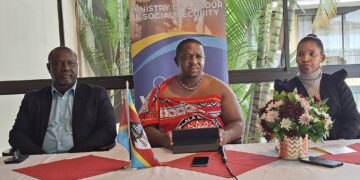 Minister of Labour and Social Security Phila Buthelezi with Principal Secretary Makhosini Mndawe during the announcement of the revised student scholarship allowances.