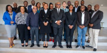 Members of the Central Bank of Eswatini and the visiting Bank of Mozambique delegation pose for a group photo during the official welcome ceremony in Ezulwini.