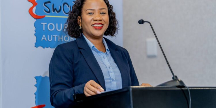Acting Head of Marketing at Eswatini Tourism Authority, Chunky Mdluli-Dlamini, delivering remarks during the Eswatini Events Calendar activation at Hotel Cardoso, Maputo.