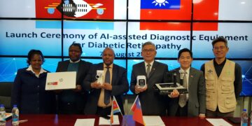 Minister of Health Mduduzi Matsebula and Taiwanese Ambassador Jeremy Liang pose with officials from the Ministry of Health and the Taiwan Technical Mission during the launch of AI-assisted diabetic retinopathy equipment at Mbabane Government Hospital.