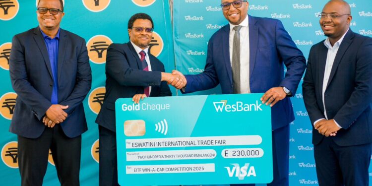 FNB CEO Thokozani “TK” Dlamini hands over a cheque of E230,000 to EITF CEO Sibani Mngomezulu as part of the bank’s total E450,000 sponsorship for this year’s Eswatini International Trade Fair.