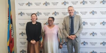 EU Ambassador Karsten Mecklenburg, EU Head of Cooperation Eva-Maria Engdahl and Deputy Prime Minister Thuli Dladla during a meeting in Mbabane.