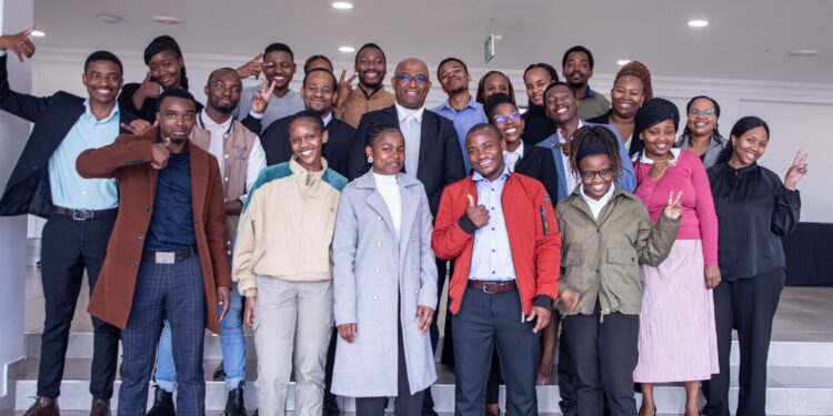 Central Bank Governor Dr. Phil Mnisi meets with EYEP interns during a meet-and-greet at the bank in Mbabane.