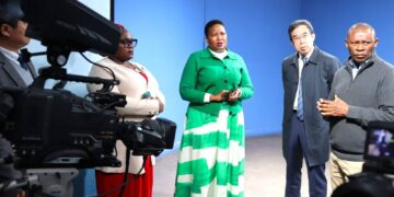 Lesotho’s Minister of Information, Honourable Nthati Moorosi, with Chinese Ambassador Yang Xiaokun during a tour of the LNBS facilities.