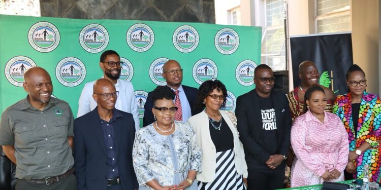 Hon. Jane Mkhonta-Simelane with EEA officials and media representatives at the Temvelo Awards 2025 launch in Mbabane.
