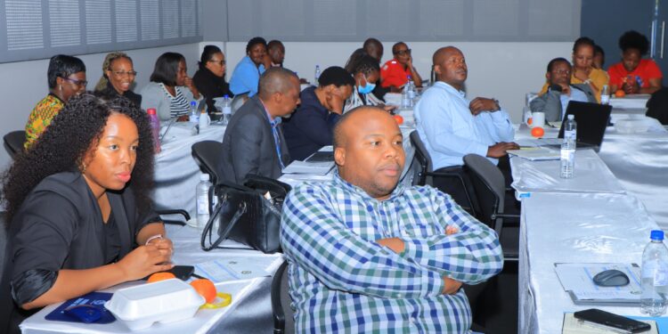 Officials from government, UN agencies, and civil society at the NDMA Social Protection Cluster meeting in Mbabane.