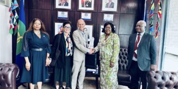 Outgoing French Ambassador to Botswana and SADC Representative Olivier Brochenin shares a farewell moment with SADC Deputy Executive Secretary Dr Judith Kateera at the Secretariat headquarters.