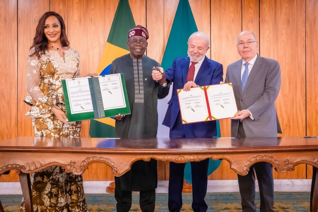 President Bola Ahmed Tinubu and President Luiz Inácio Lula da Silva pose after signing five agreements to strengthen trade, aviation, science, finance, and diplomacy between Nigeria and Brazil in Brasília.