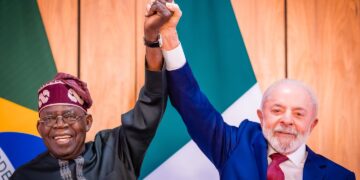 President Bola Ahmed Tinubu and President Luiz Inácio Lula da Silva pose after signing five agreements to strengthen trade, aviation, science, finance, and diplomacy between Nigeria and Brazil in Brasília.