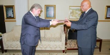 Russia’s Ambassador, Mr. Roman Ambarov, presents his letters of credence to King Letsie III at the Royal Palace in Maseru.