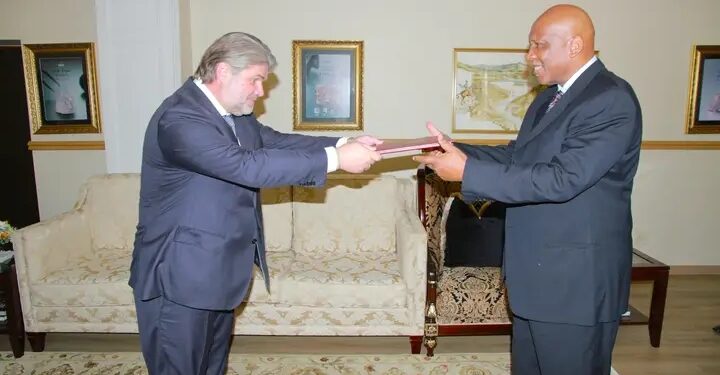 Russia’s Ambassador, Mr. Roman Ambarov, presents his letters of credence to King Letsie III at the Royal Palace in Maseru.
