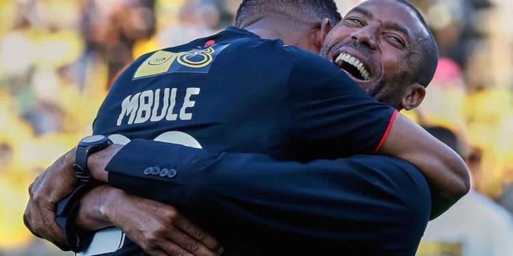 Orlando Pirates head coach Abdeslam Ouaddou celebrates with midfielder Sipho Mbule after his side’s MTN8 semifinal victory over Mamelodi Sundowns. Picture: Backpagepix