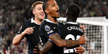 Chelsea’s Joao Pedro celebrates one of his goals in the 5-1 London Stadium victory over West Ham United.
