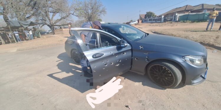 The bullet-ridden Mercedes-Benz in which three men were shot dead in Mkhuhlu, Mpumalanga.