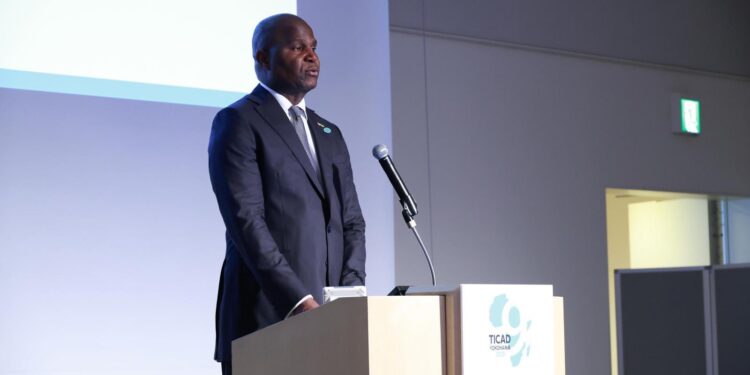 Mozambican President Daniel Chapo delivers his address at the Economic Partnership in Indian Ocean–Africa Forum in Yokohama, Japan.