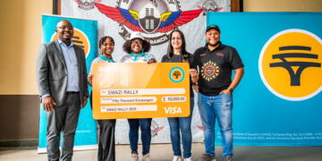 FNB Eswatini representatives and Swazi Rally officials display the E50 000 sponsorship cheque at Sidvokodvo Riders Ranch ahead of the 32nd Swazi Rally.