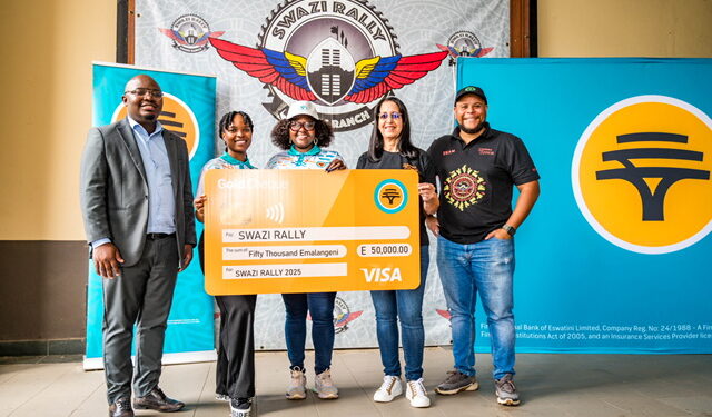 FNB Eswatini representatives and Swazi Rally officials display the E50 000 sponsorship cheque at Sidvokodvo Riders Ranch ahead of the 32nd Swazi Rally.