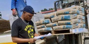 Illa Penboy seemingly confirming details before a delivery is made to build a house for Shabangu family. | Courtesy pic